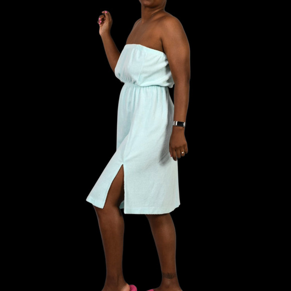Vintage Terry Towel Dress Blue Swim Coverup Strapless Tube Slits Cotton Medium - Picture 6 of 13
